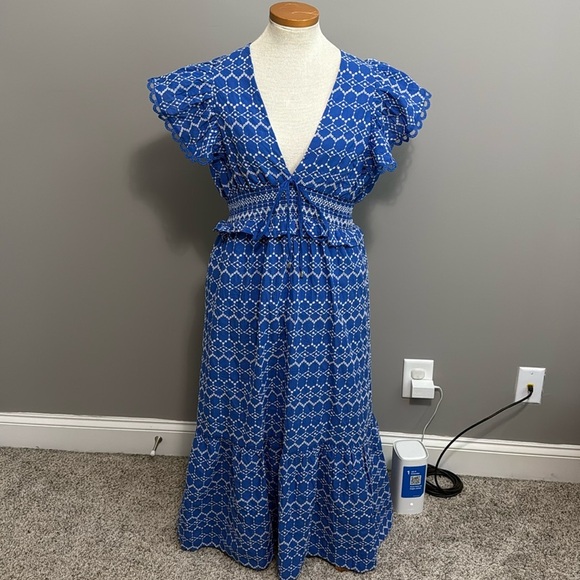 O.P.T. Anthropologie - Jardin Dress Eyelet Blue V-neck Cotton Midi Dress - Large - Picture 2 of 9